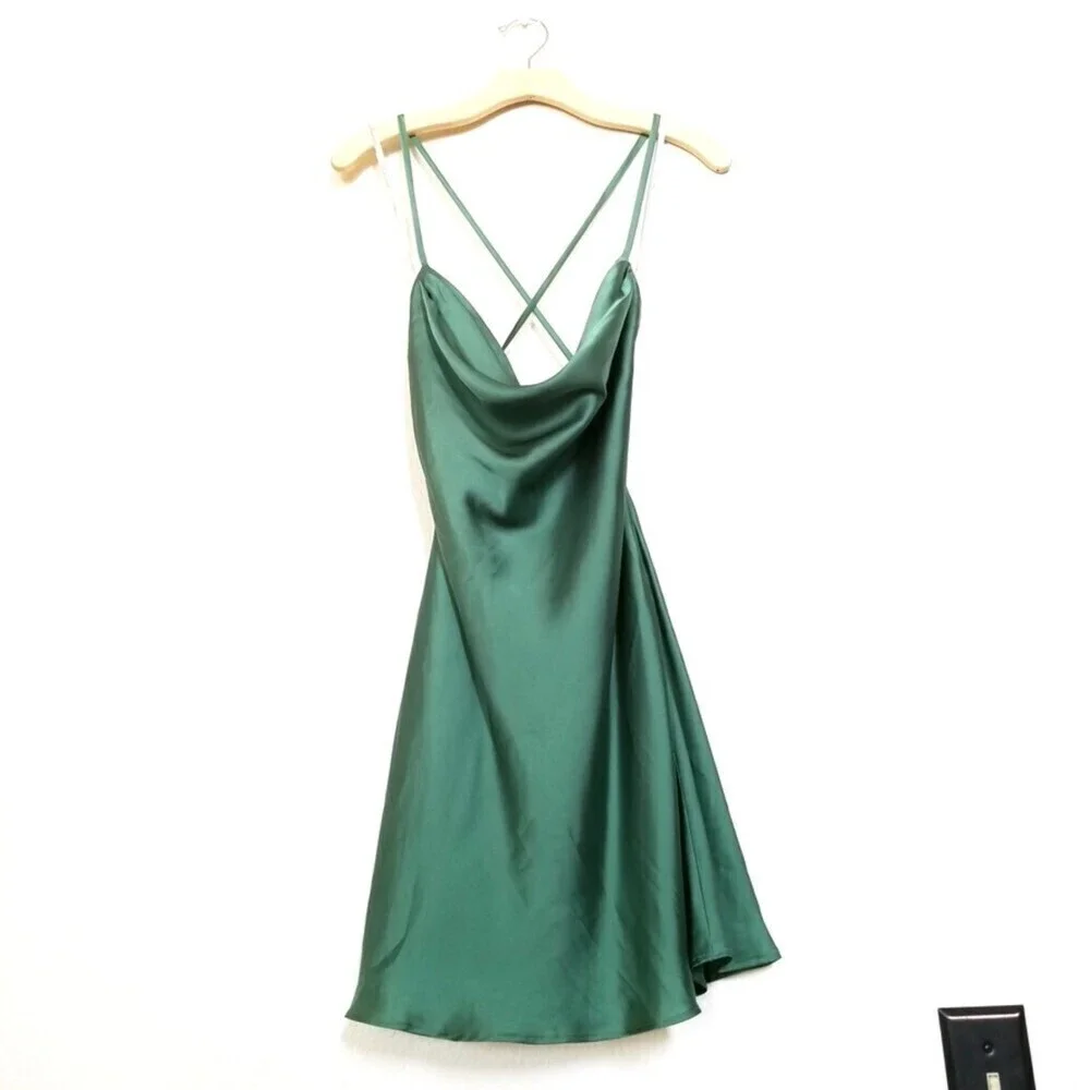 NWT Lovers and Friends Boa Cowl Neck Slip Mini Dress Emerald Green Satin Small - Picture 2 of 7